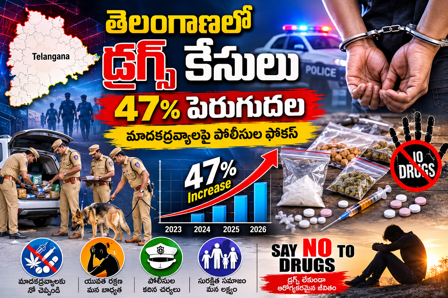 తెలంగాణలో నార్కోటిక్స్ కేసులు 47% పెరుగుదల — పూర్తి వివరాలు