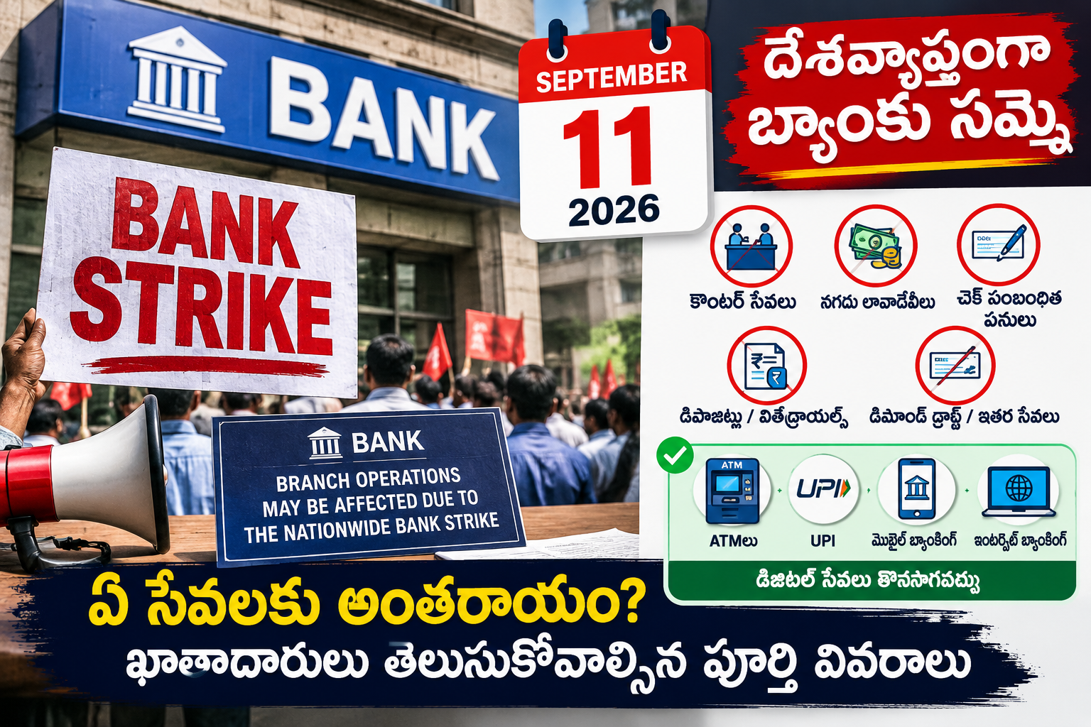 🏦 సెప్టెంబర్ 11న దేశవ్యాప్తంగా బ్యాంకు సమ్మె.. బ్యాంకింగ్ సేవలకు అంతరాయం?