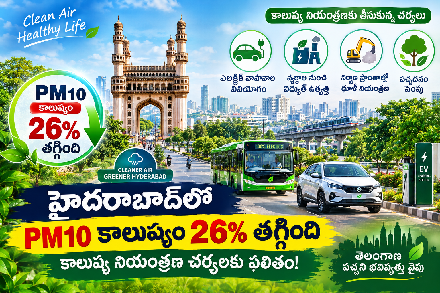 🌿 హైదరాబాద్లో PM10 కాలుష్యం 26% తగ్గింపు.. కాలుష్య నియంత్రణ చర్యలకు ఫలితం!