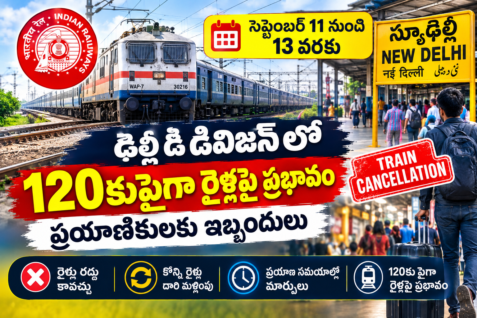 ఢిల్లీ డివిజన్లో 120కుపైగా రైళ్లపై ప్రభావం.. సెప్టెంబర్ 11 నుంచి 13 వరకు ప్రయాణికులకు ఇబ్బందులు